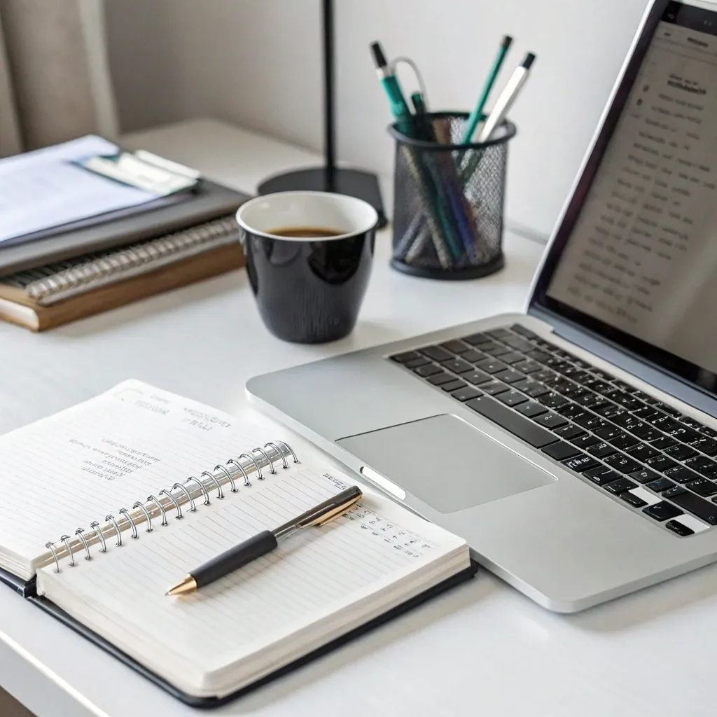 A professional desk setup with a laptop and notepad used for copywriting services